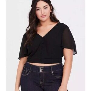 Women's Black V-Neck Buttoned Top